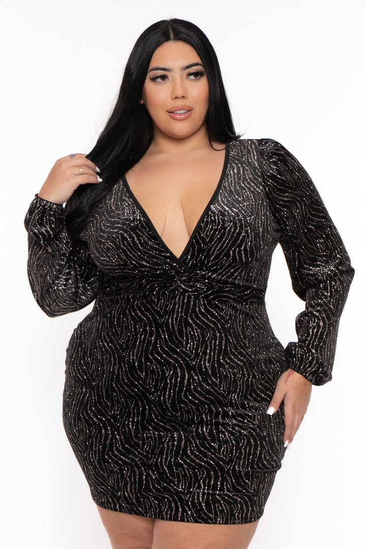 Curvy Sense Dresses Plus Size Gisele  Glitter Bodycon Dress- Black