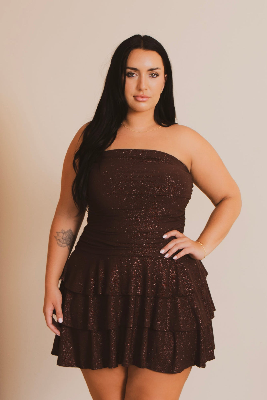 brown plus size formal dresses Sultry Nights Ruched Midi Dress quarter sleeves Plus Size Glimmer Nights Dress