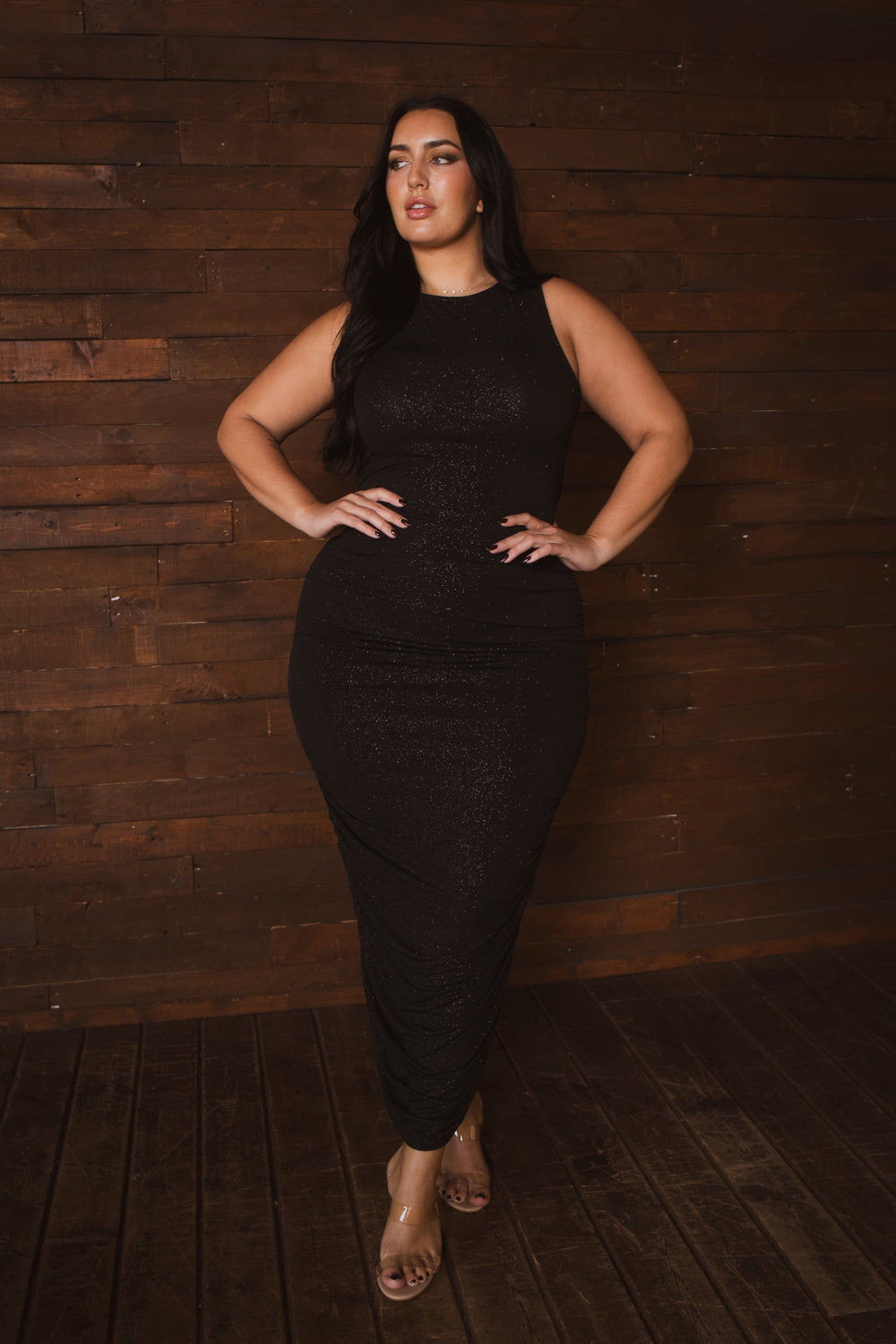 Gibiu Dresses Plus Size Glitter  Ruched Bodycon  Dress- Black