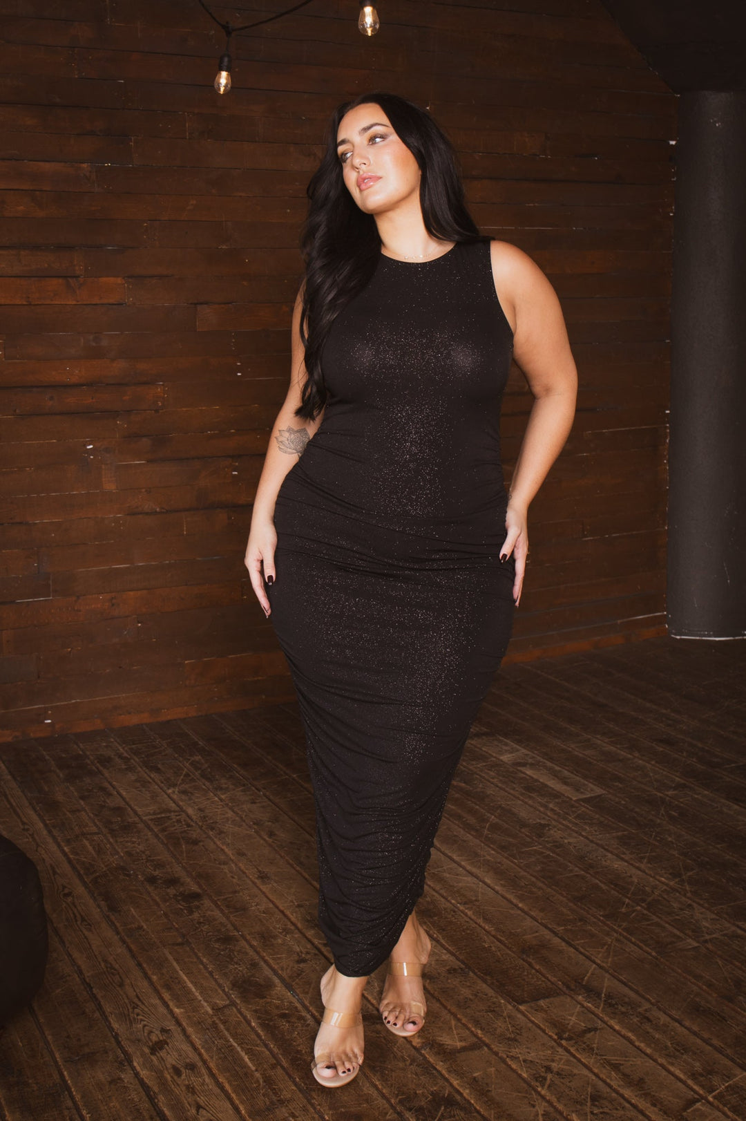 Gibiu Dresses Plus Size Glitter  Ruched Bodycon  Dress- Black