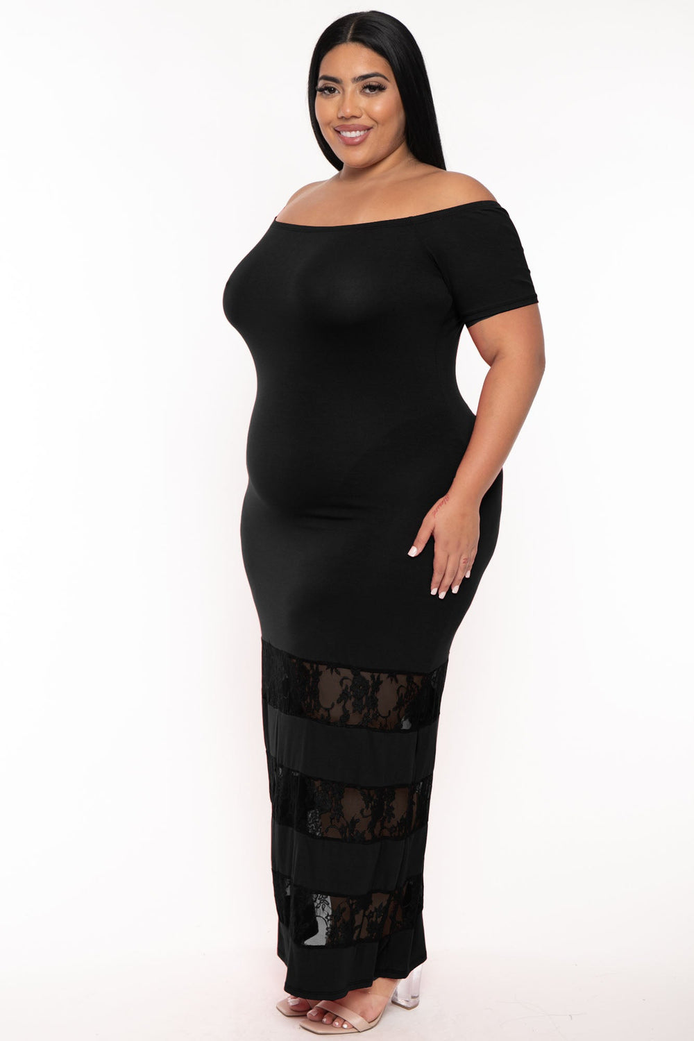 Curvy Sense Dresses Plus Size Gloria Lace Inset Maxi Dress - Black