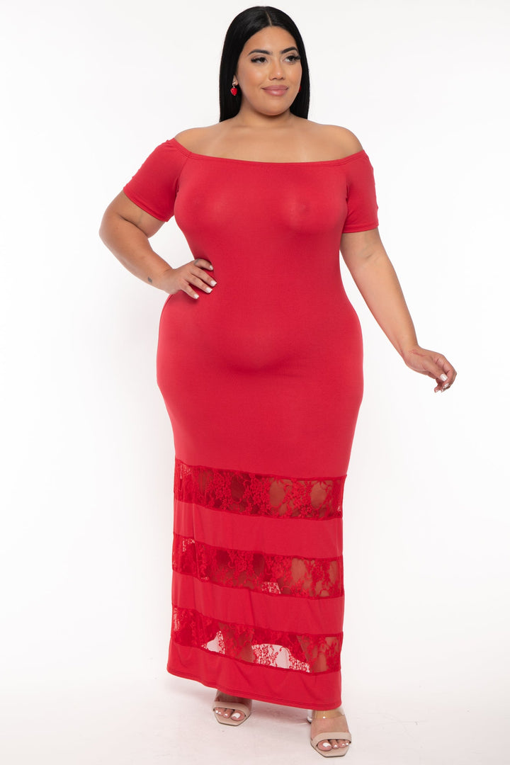 Curvy Sense Dresses Plus Size Gloria Lace Inset Maxi Dress - Red