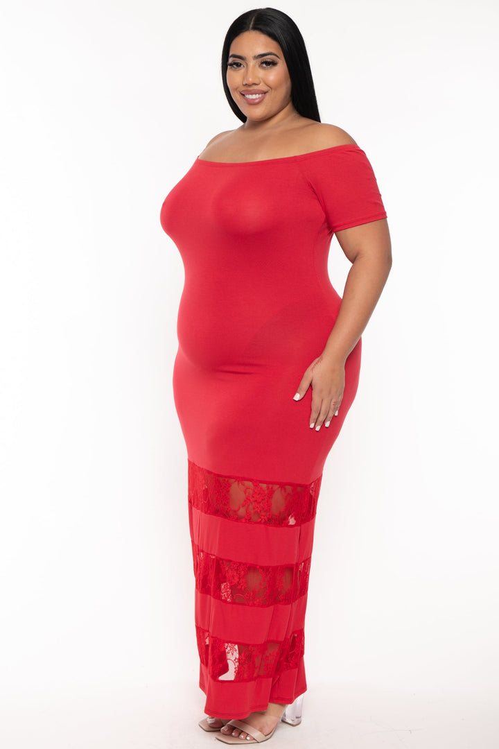 Curvy Sense Dresses Plus Size Gloria Lace Inset Maxi Dress - Red