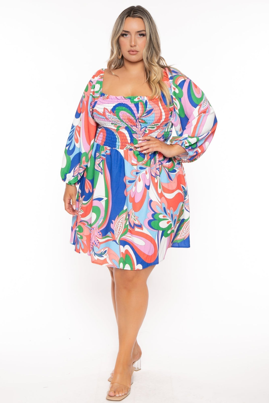 FIRST LOVE Dresses 1X / Multi Plus Size Groovy Abstract Smocked  Dress  -Multi