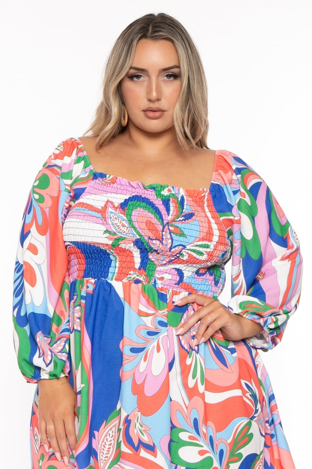 FIRST LOVE Dresses Plus Size Groovy Abstract Smocked  Dress  -Multi