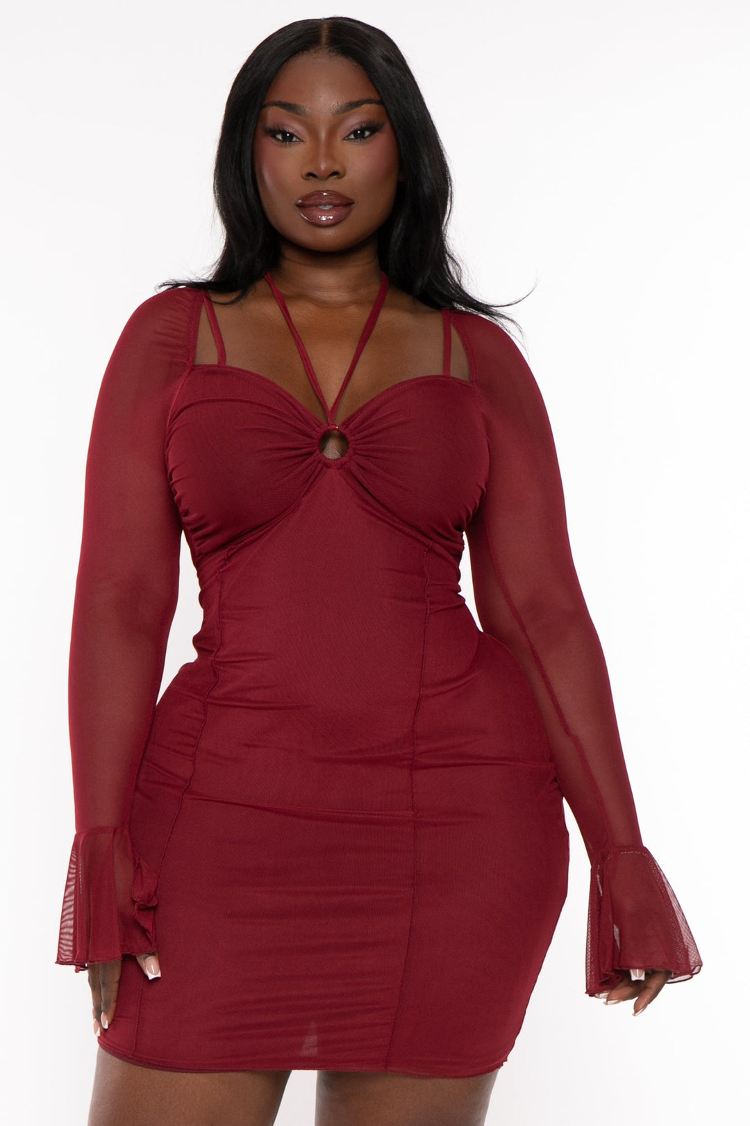 Curvy Sense Dresses Plus Size Helena Mesh Bodycon Dress- Burgundy