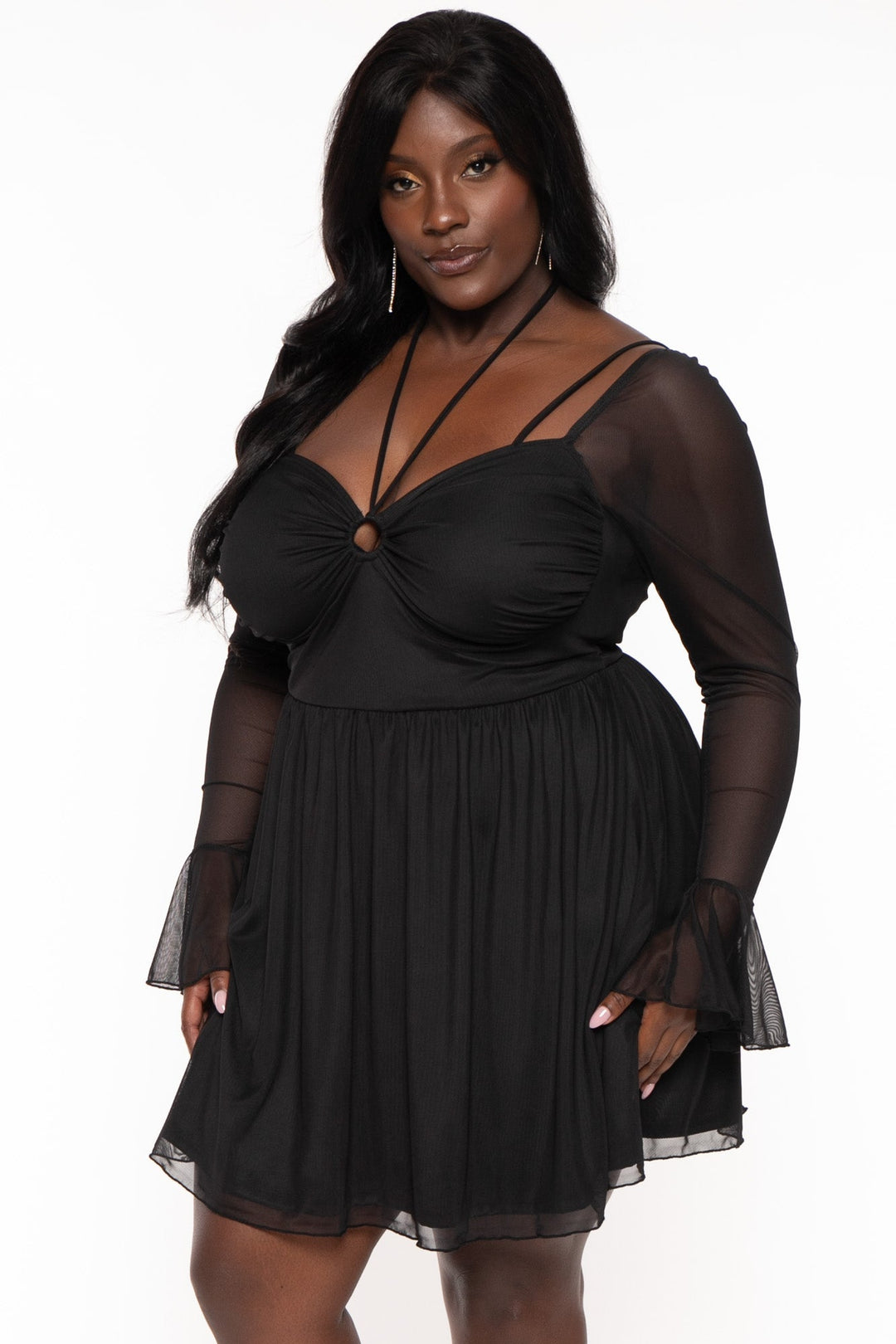 plus size sheer shirt dress Black Sheer Plus Size Sheer Shirt Dress Connected Plus Size Sheer-Sleeve Chain-Detail Sheath Dress