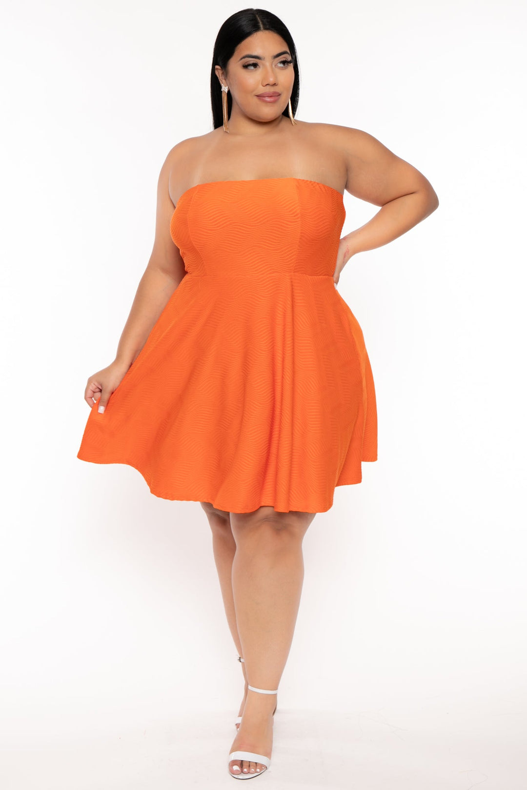 Curvy Sense Dresses Plus Size Iree Wavy Flare Dress -Orange