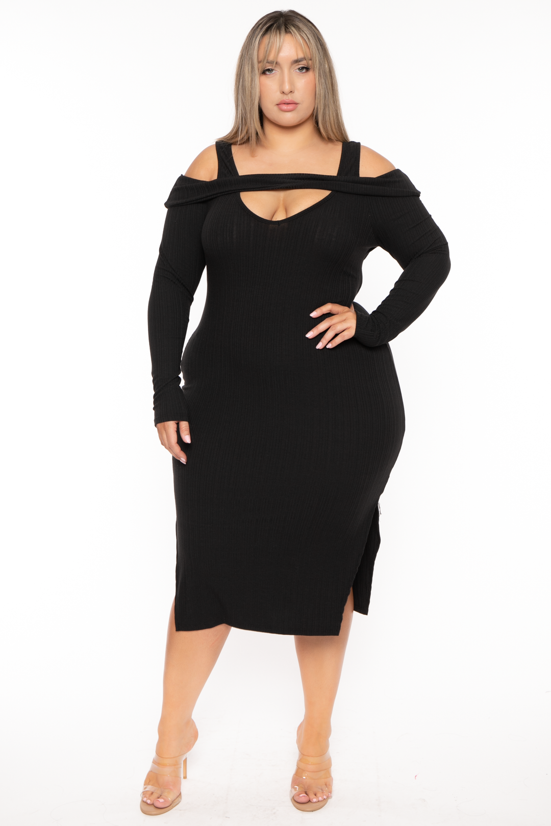 Curvy Sense Dresses 1X / Black Plus Size Irie  Cold Shoulder Midi Dress -Black