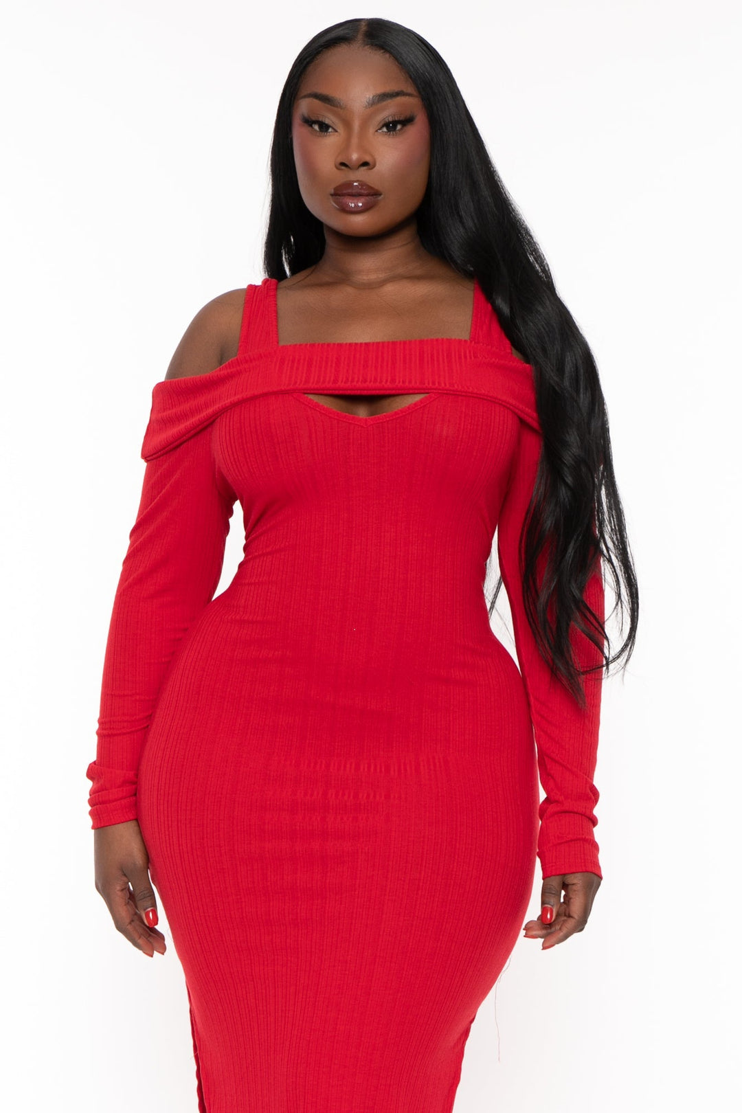 Curvy Sense Dresses Plus Size Irie  Cold Shoulder Midi Dress -Red
