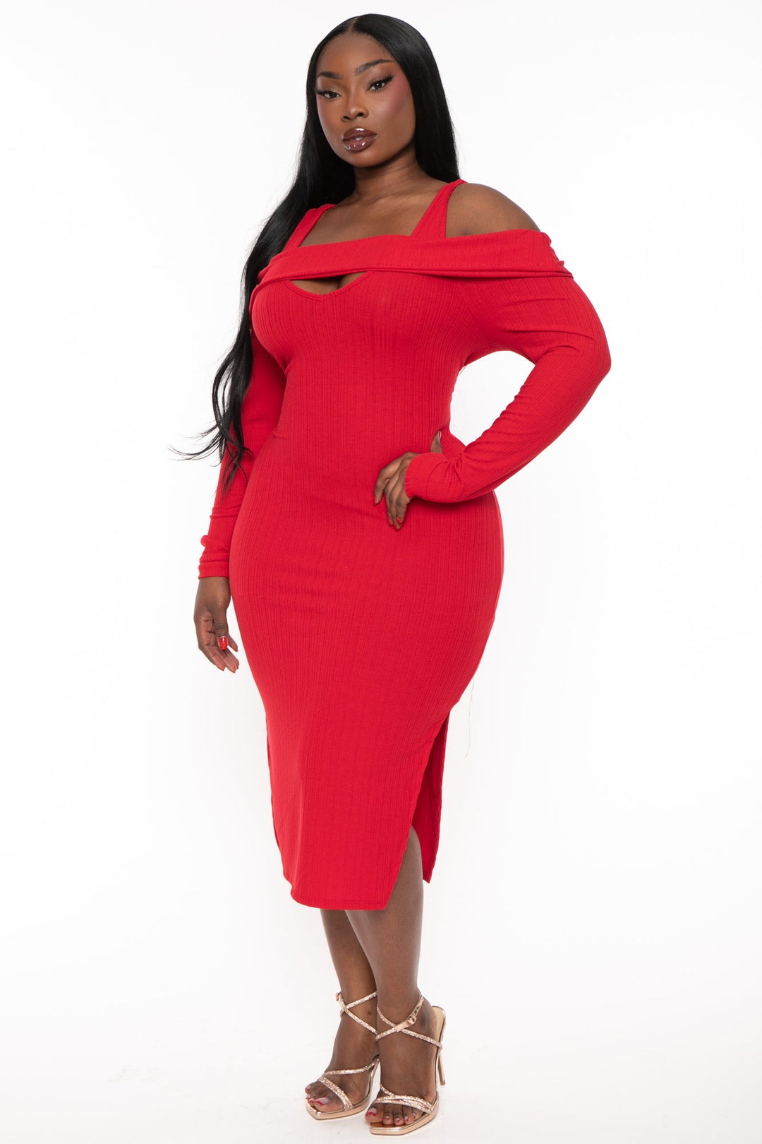 Curvy Sense Dresses Plus Size Irie  Cold Shoulder Midi Dress -Red