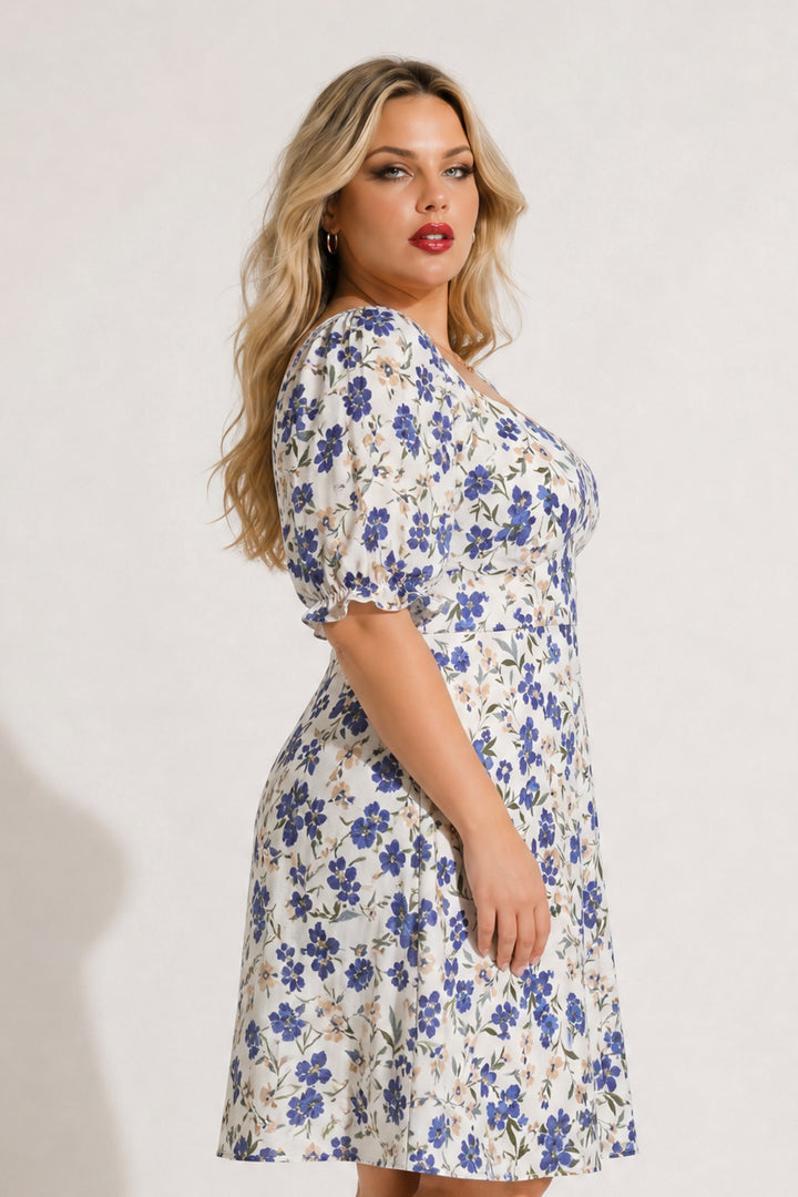 Curvy Sense Inc. Dresses Plus Size Isabella Sweetheart Dress- Ivory/Blue