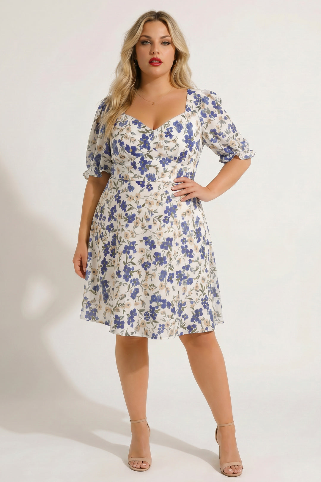 Women's Plus Size Isabella Sweetheart Dress- Ivory/Blue - Curvy Sense Women's Plus Size Isabella Sweetheart Dress- Ivory/Blue - Curvy Sense