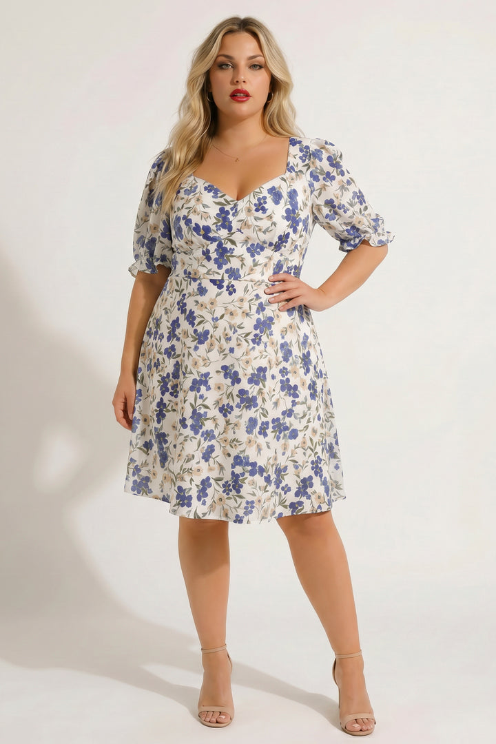 Curvy Sense Inc. Dresses Plus Size Isabella Sweetheart Dress- Ivory/Blue
