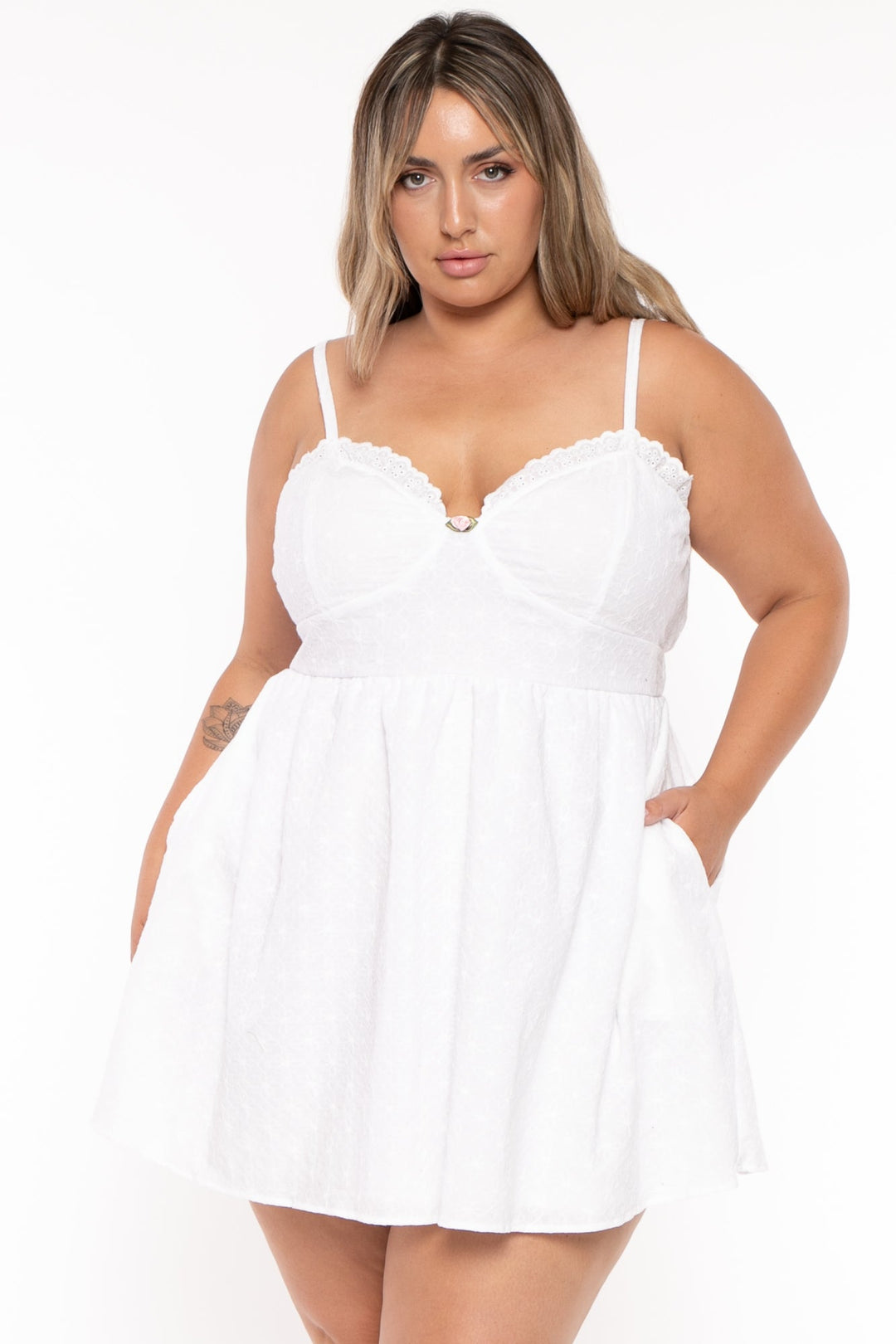 Curvy Sense Dresses Plus Size Jaliza Rosset Flare  Dress-White