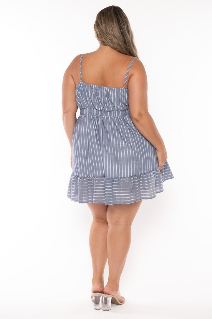 Curvy Sense Dresses Plus Size Jayliz Cami Striped  Flare  Dress- Blue