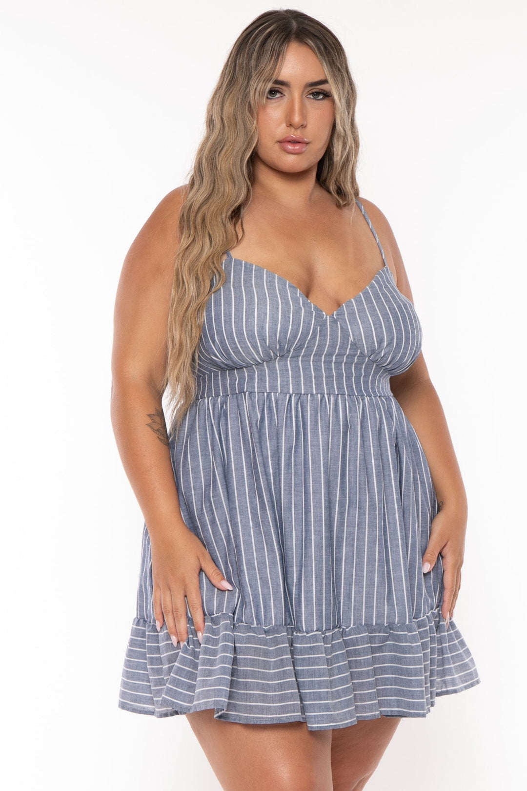 Curvy Sense Dresses Plus Size Jayliz Cami Striped  Flare  Dress- Blue