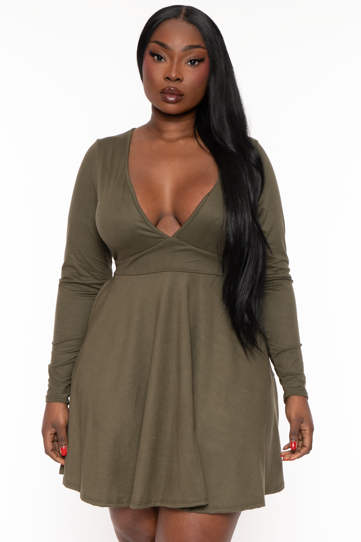 Curvy Sense Dresses 1X / Olive Plus Size Jeanna Flare Dress - Olive