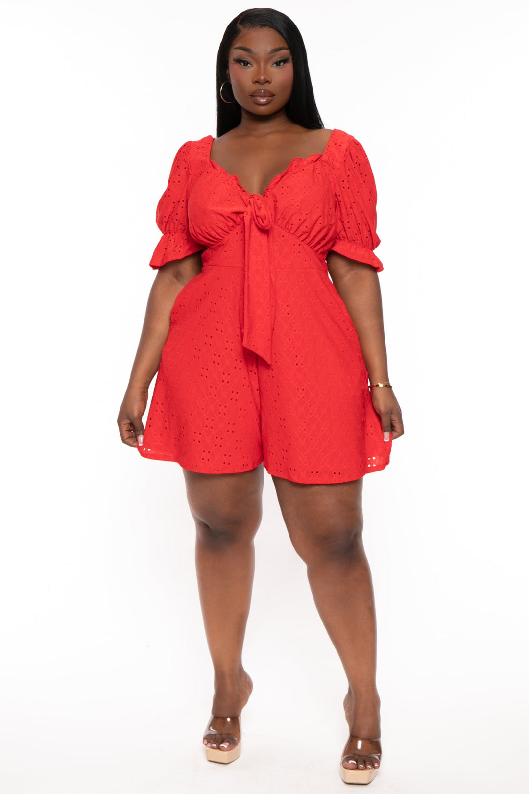 Curvy Sense Dresses 1X / Red Plus Size Jenni Eyelet Romper  - Red