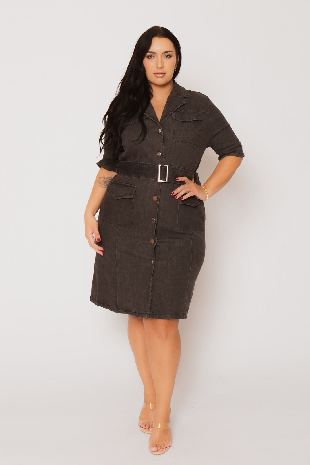 Blue Leopard Dresses Plus Size  Juliana  Denim  Dress - Charcoal