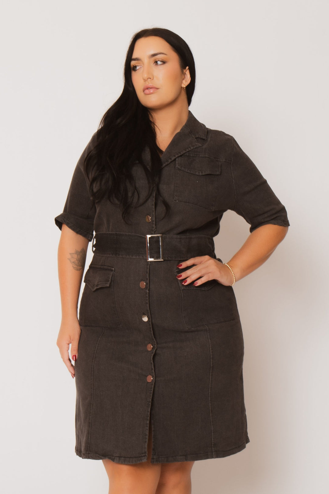 Plus Size Juliana Denim Dress - Charcoal 3X / Charcoal at Curvy Sense Plus Size Juliana Denim Dress - Charcoal 3X / Charcoal at Curvy Sense