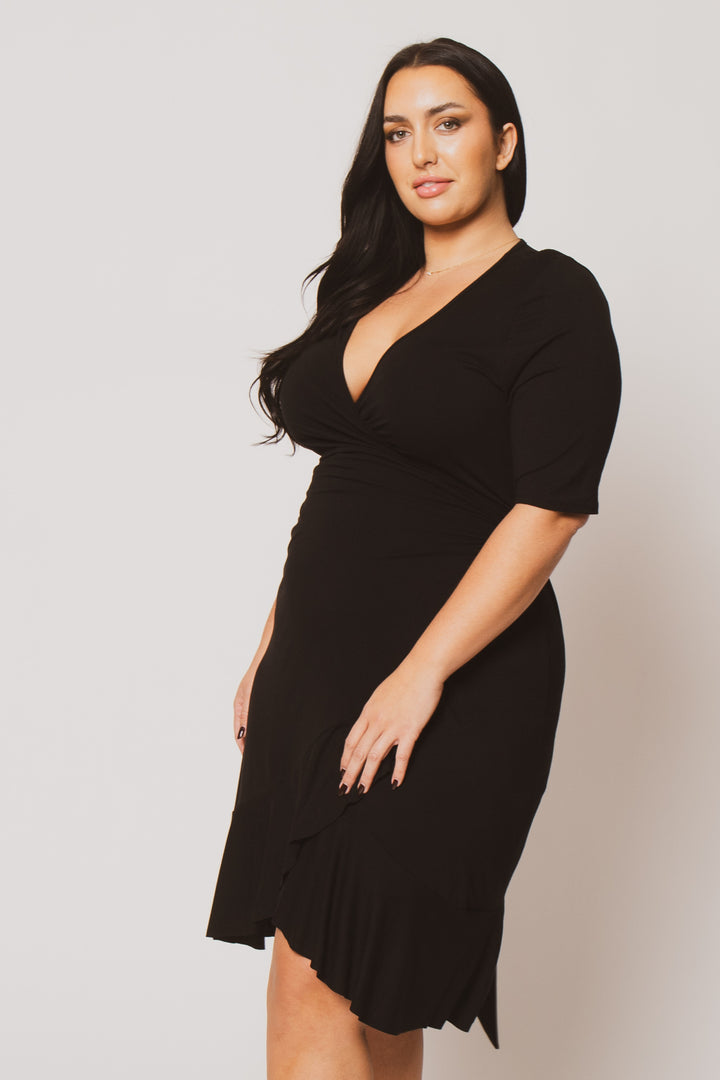 Curvy Sense Dresses Plus Size Juliet Ruffle Wrap Midi Dress  - Black