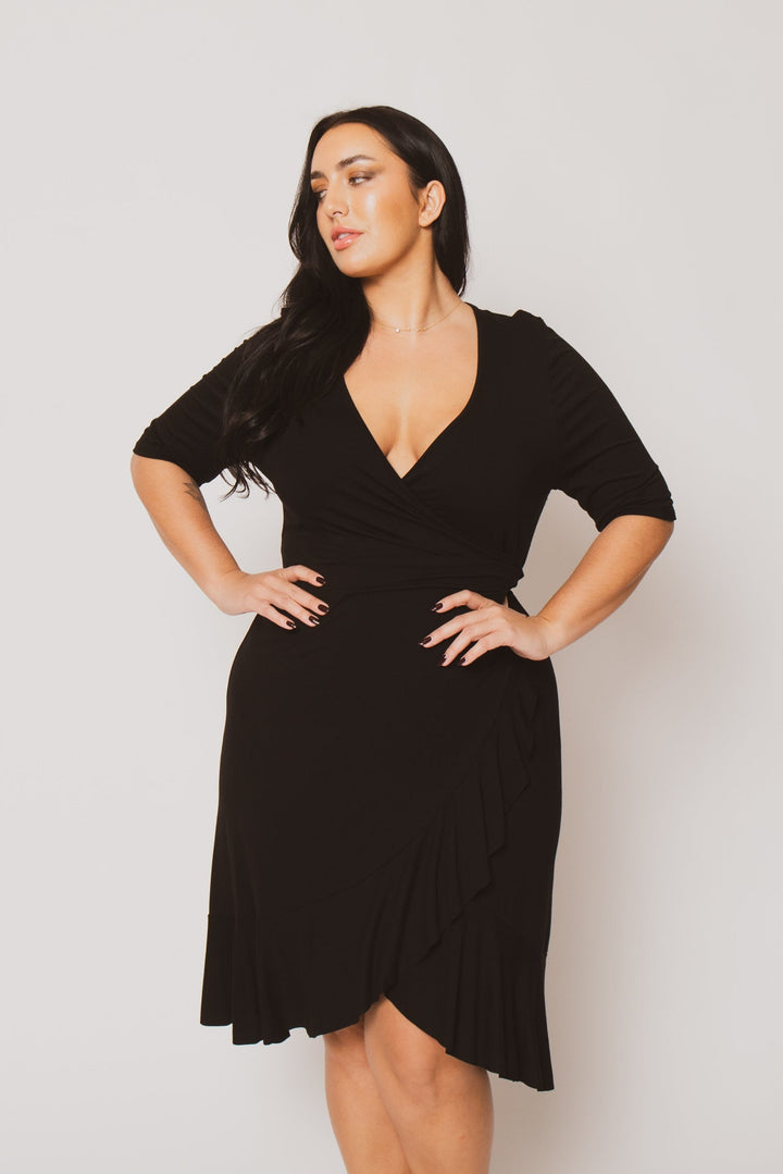 Curvy Sense Dresses Plus Size Juliet Ruffle Wrap Midi Dress  - Black