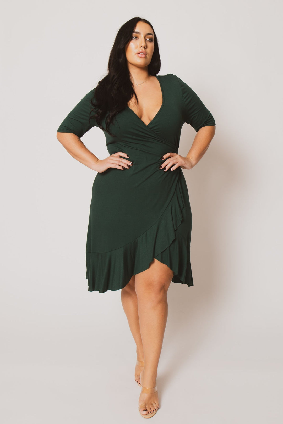 Curvy Sense Dresses Plus Size Juliet Ruffle Wrap Midi Dress  - Green