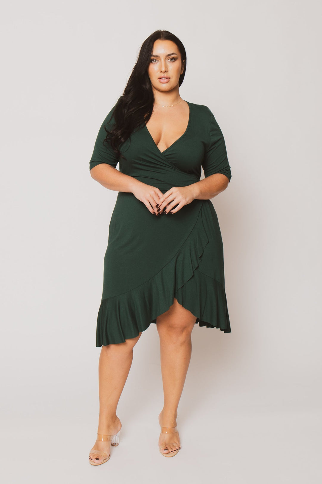 Curvy Sense Dresses Plus Size Juliet Ruffle Wrap Midi Dress  - Green