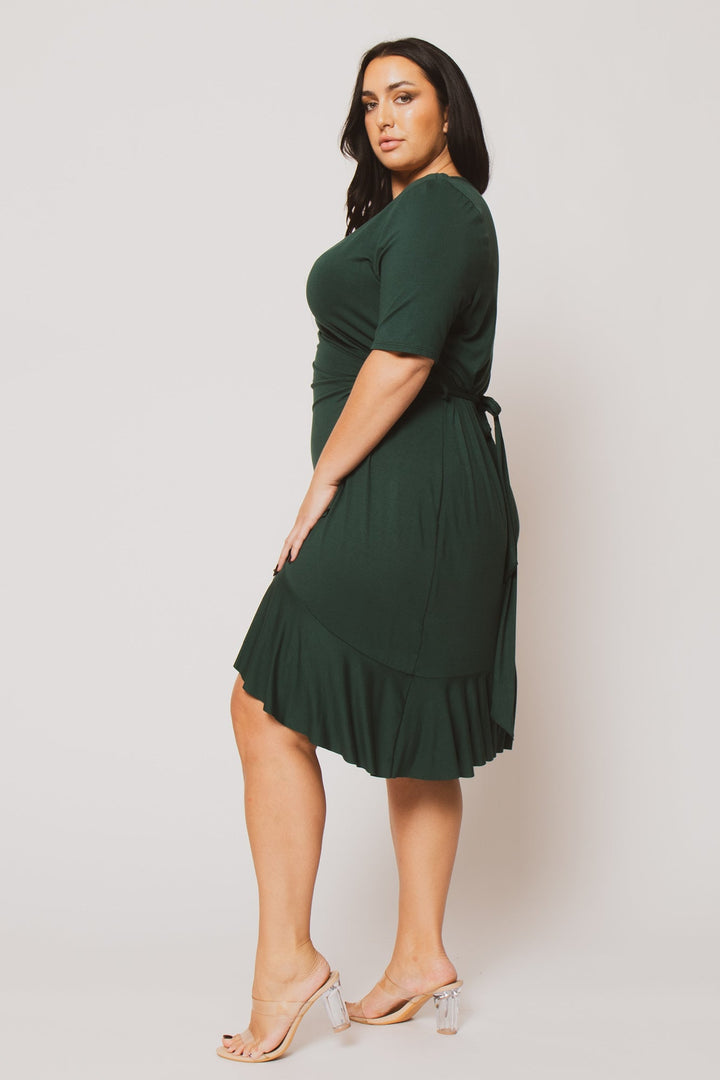 Curvy Sense Dresses Plus Size Juliet Ruffle Wrap Midi Dress  - Green