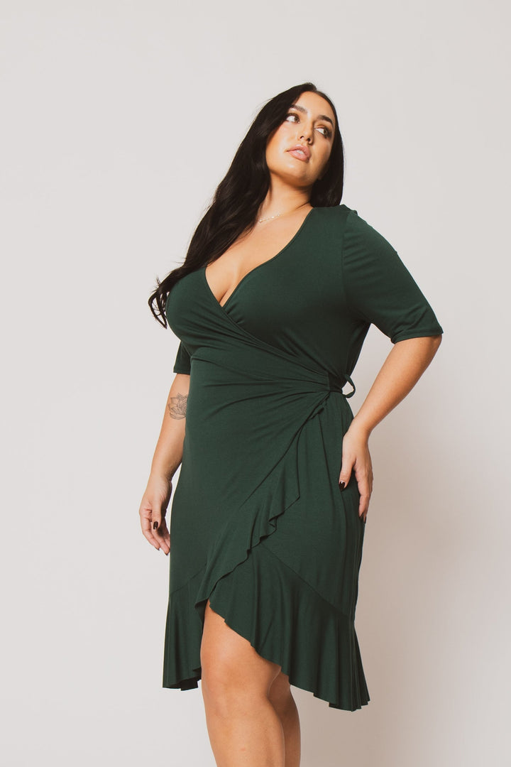 Curvy Sense Dresses Plus Size Juliet Ruffle Wrap Midi Dress  - Green