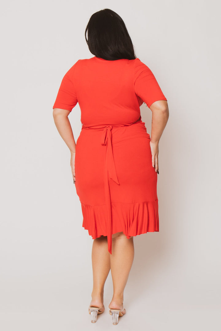 Curvy Sense Dresses Plus Size Juliet Ruffle Wrap Midi Dress  - Red