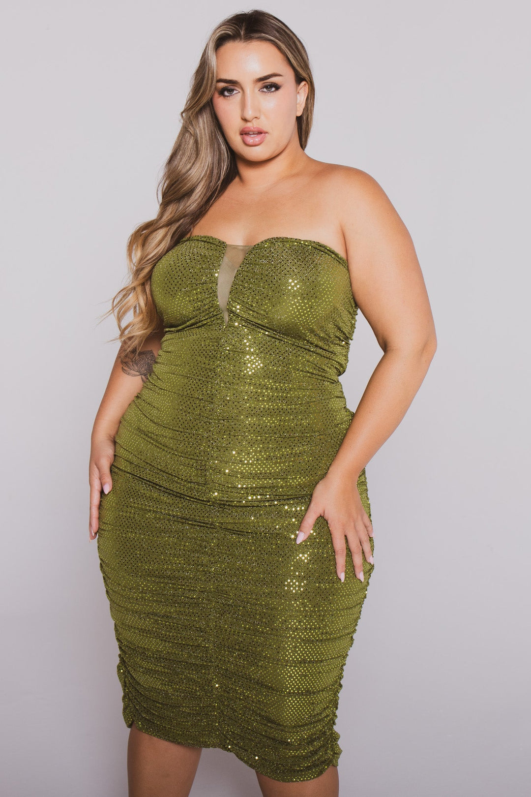 SYMPHONY Dresses Plus Size Kalinda Sequence  Midi  Dress- Olive