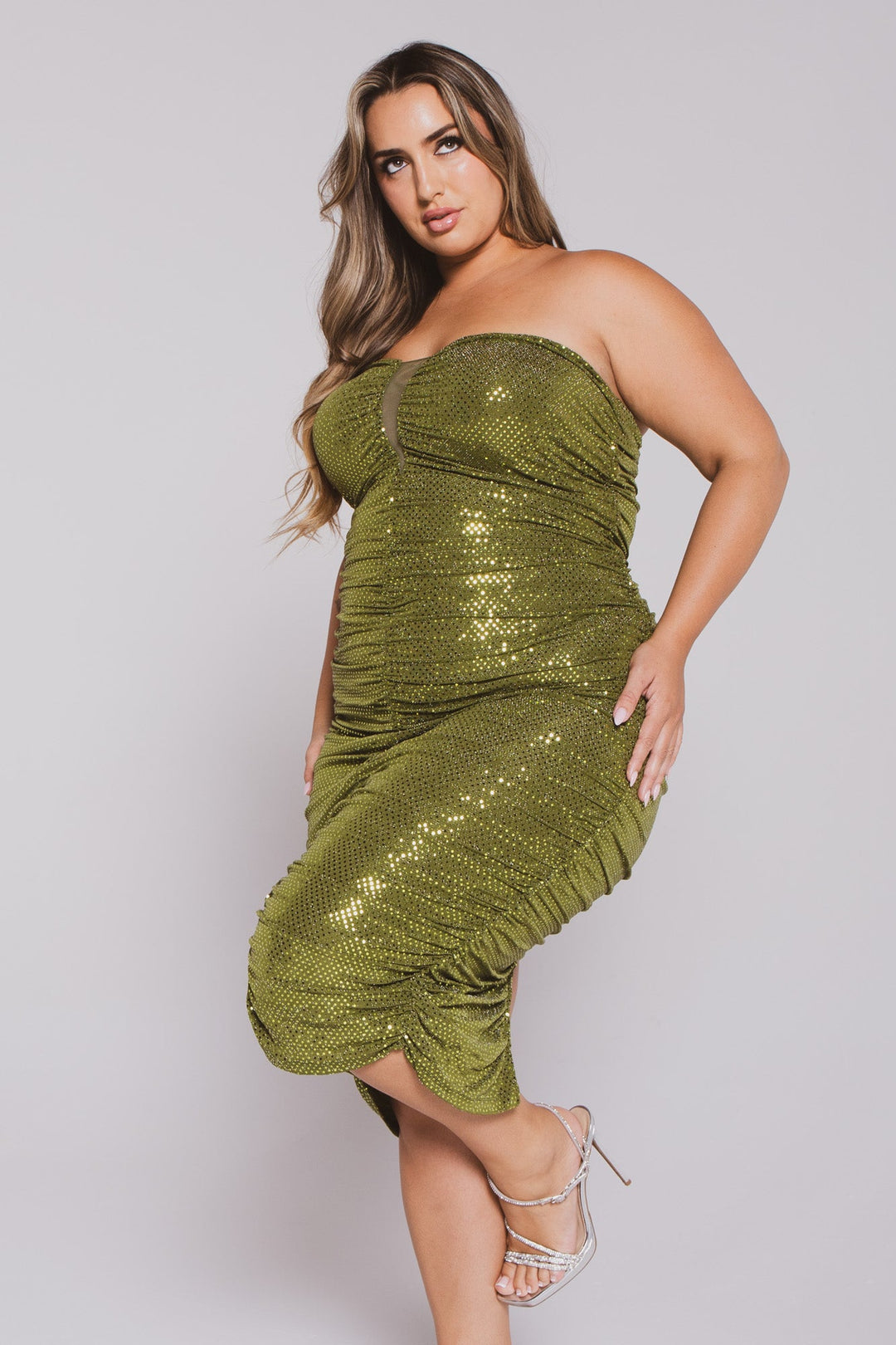 SYMPHONY Dresses Plus Size Kalinda Sequence  Midi  Dress- Olive