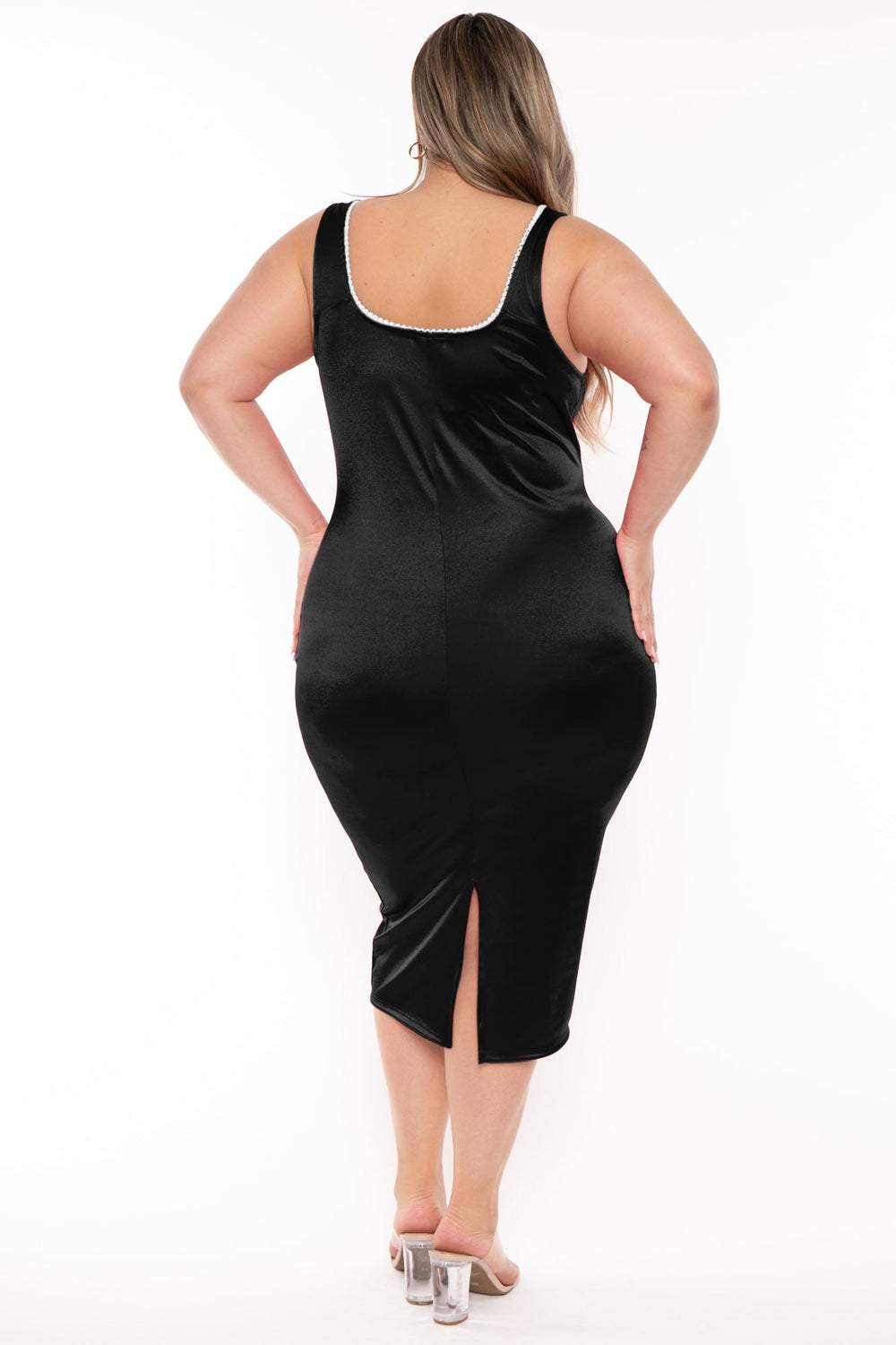 Curvy Sense Dresses Plus Size Karee Satin Midi Dress -Black