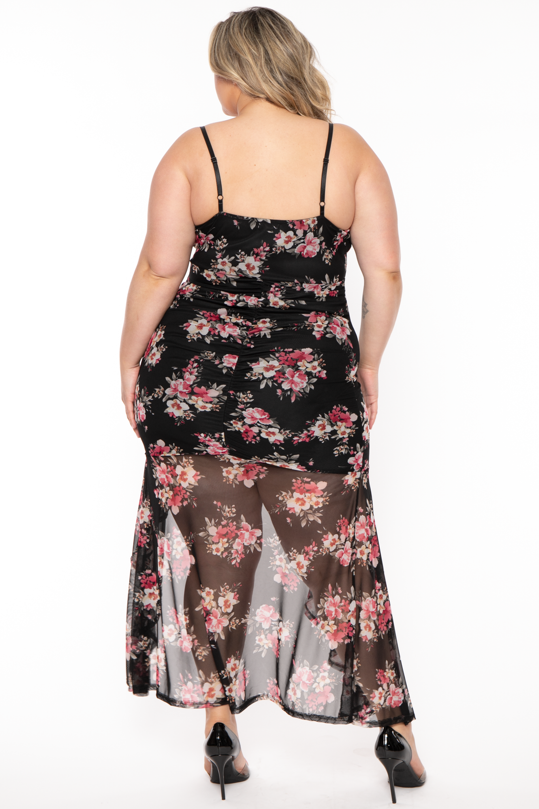 Curvy Sense Dresses Plus Size Karisma Ruffle Printed Mesh Dress - Black