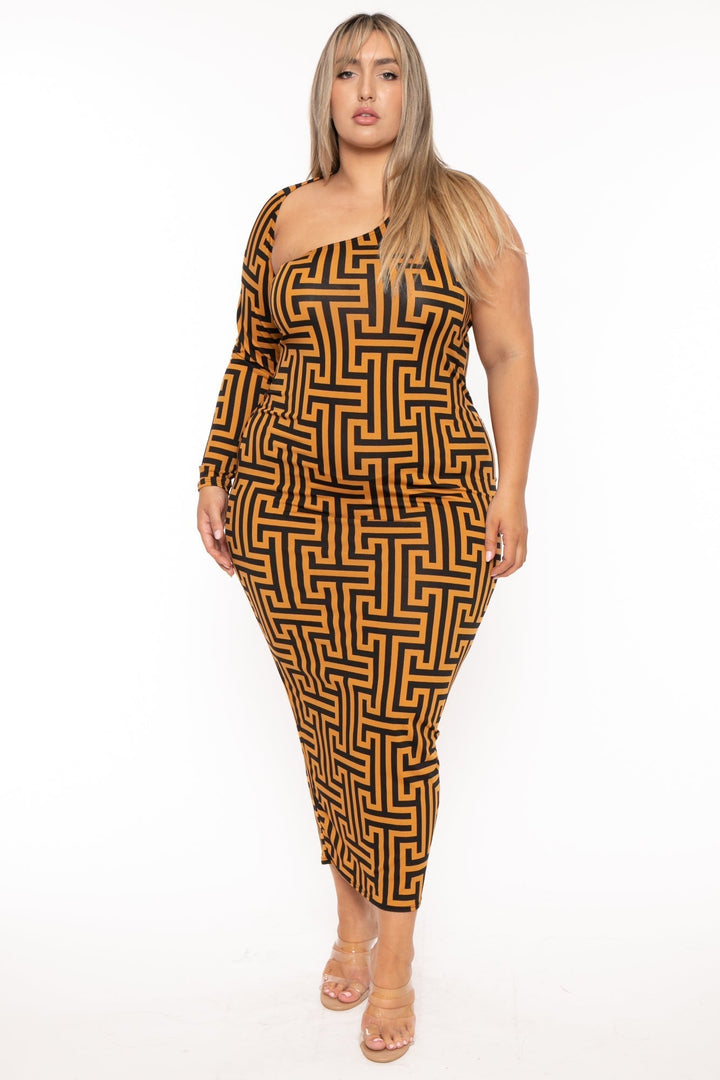 Curvy Sense Dresses Plus Size Kenya Geometric Maxi Dress- Rust