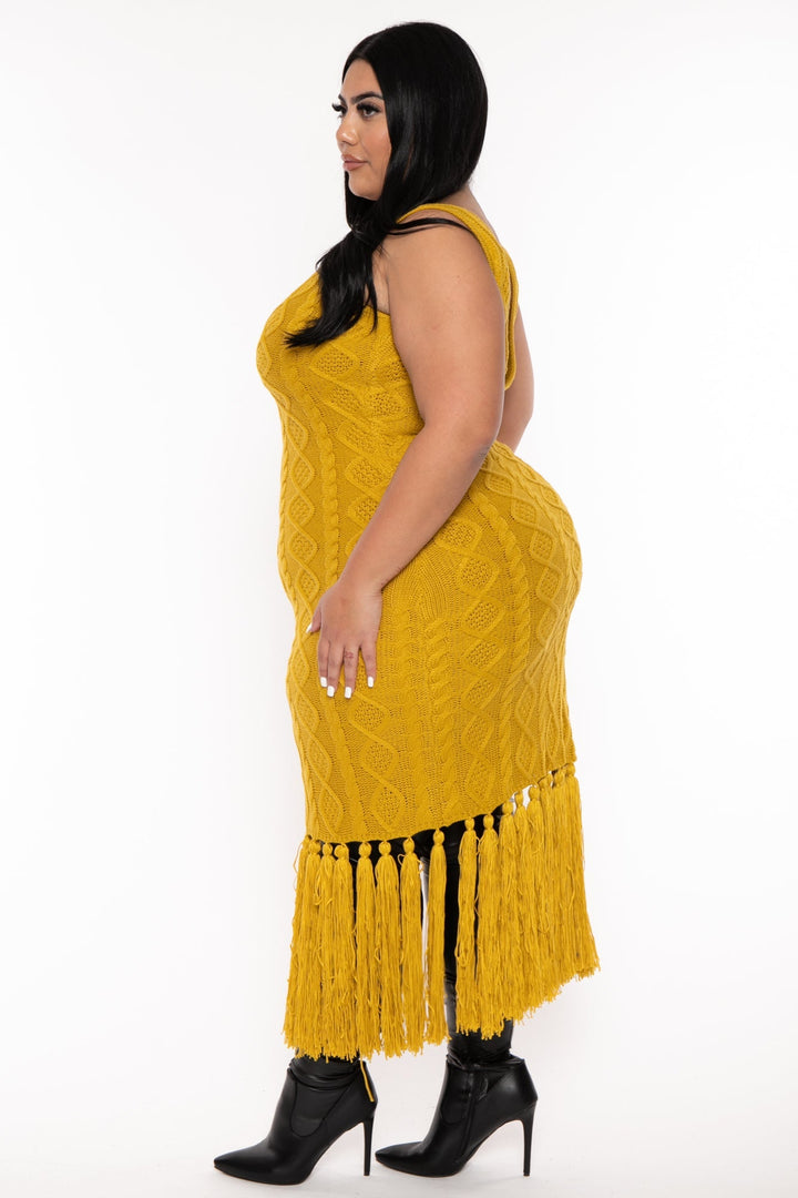 H & H FASHION Dresses Plus Size Kiarra Knit Tassel   Dress - Mustard