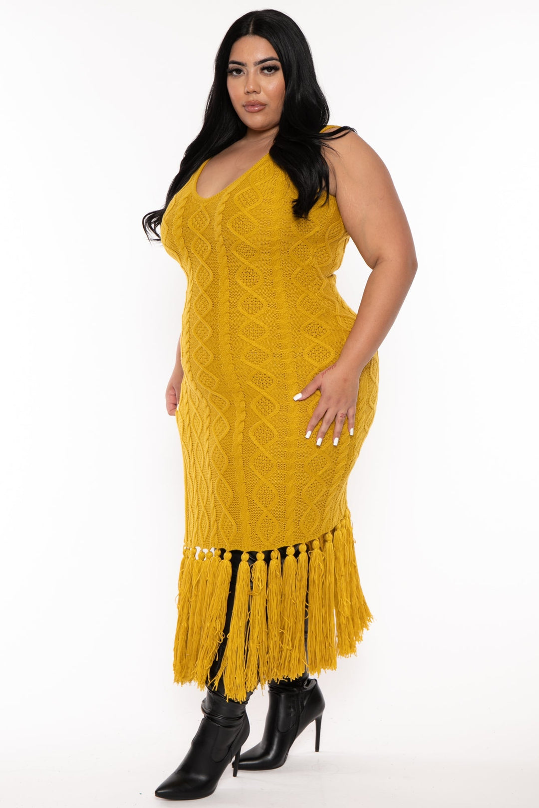 H & H FASHION Dresses Plus Size Kiarra Knit Tassel   Dress - Mustard