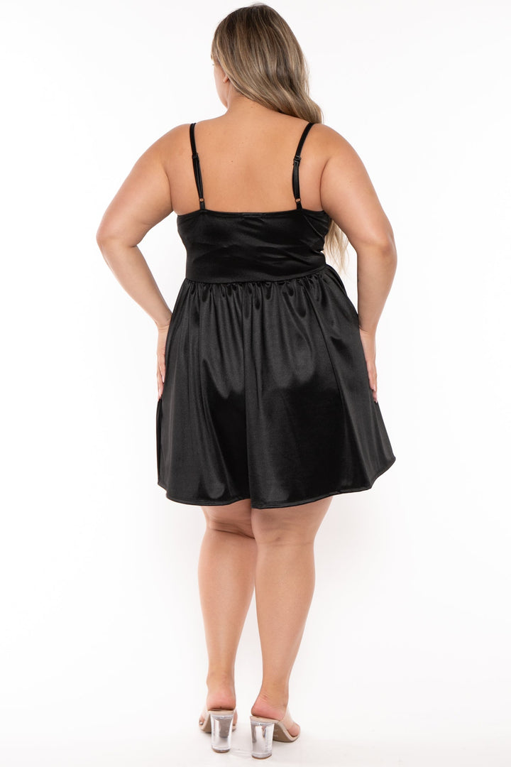 Curvy Sense Dresses Plus Size Kimaree Satin Flare Dress -Black