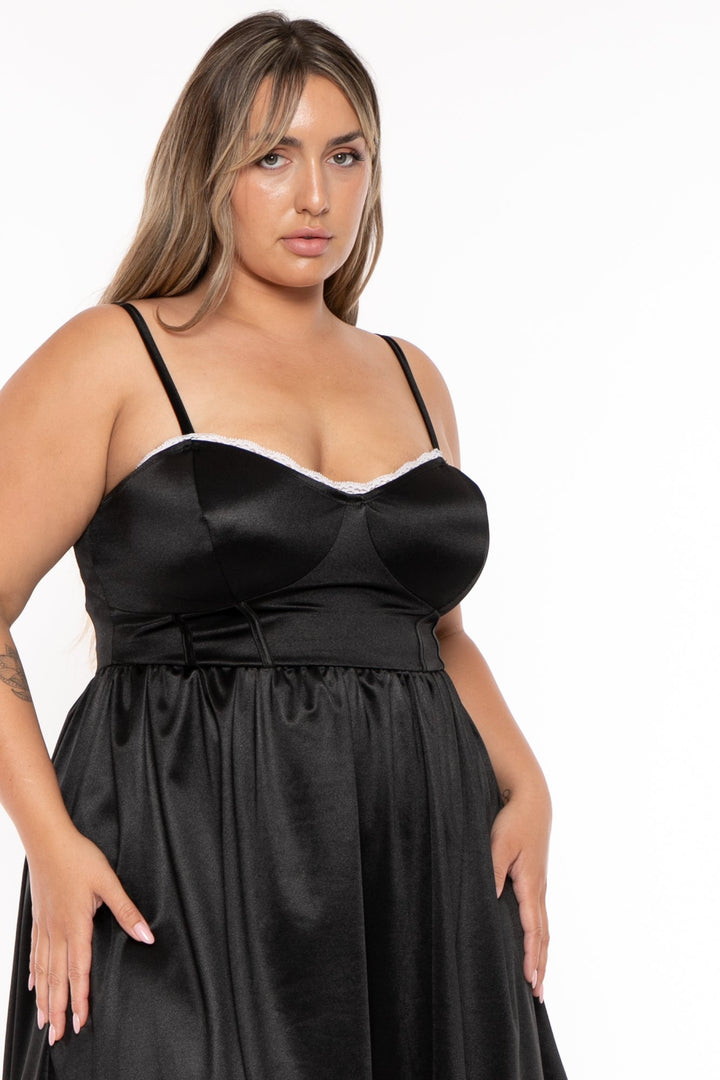 Curvy Sense Dresses Plus Size Kimaree Satin Flare Dress -Black