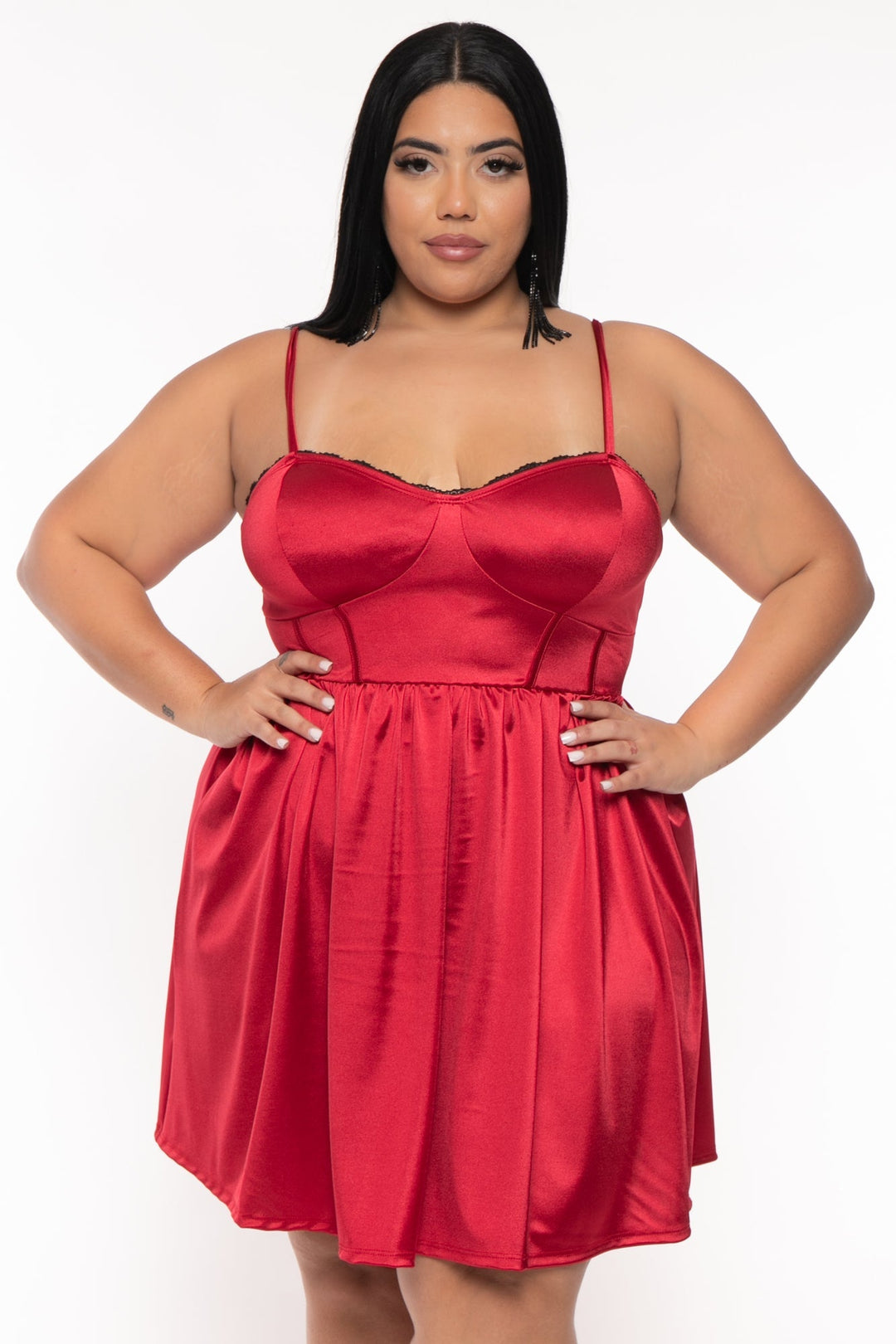 Curvy Sense Dresses Plus Size Kimaree Satin Flare Dress -Red