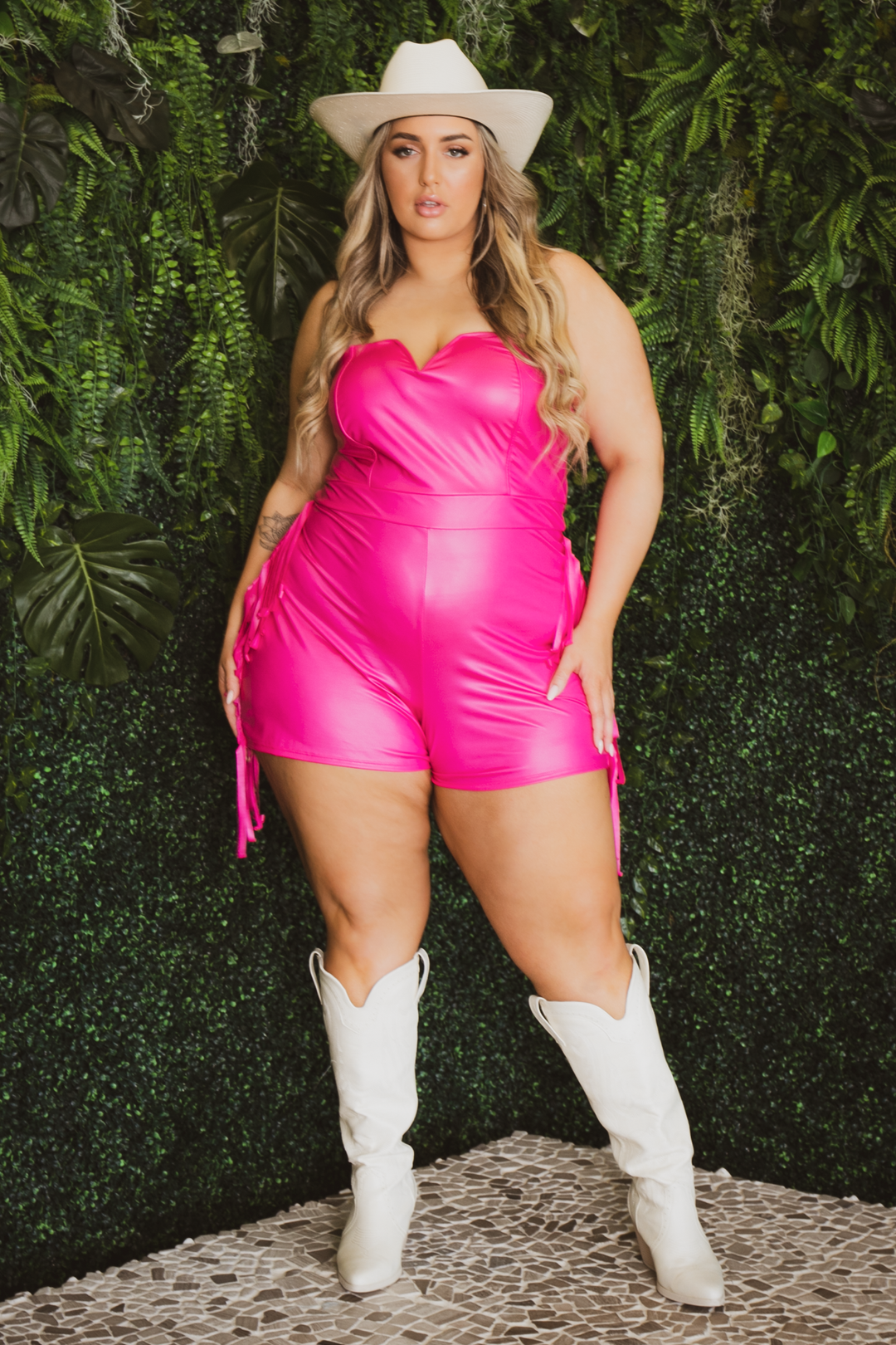 Curvy Sense Dresses Plus Size Kinsella Faux Leather Fringe Romper- Pink