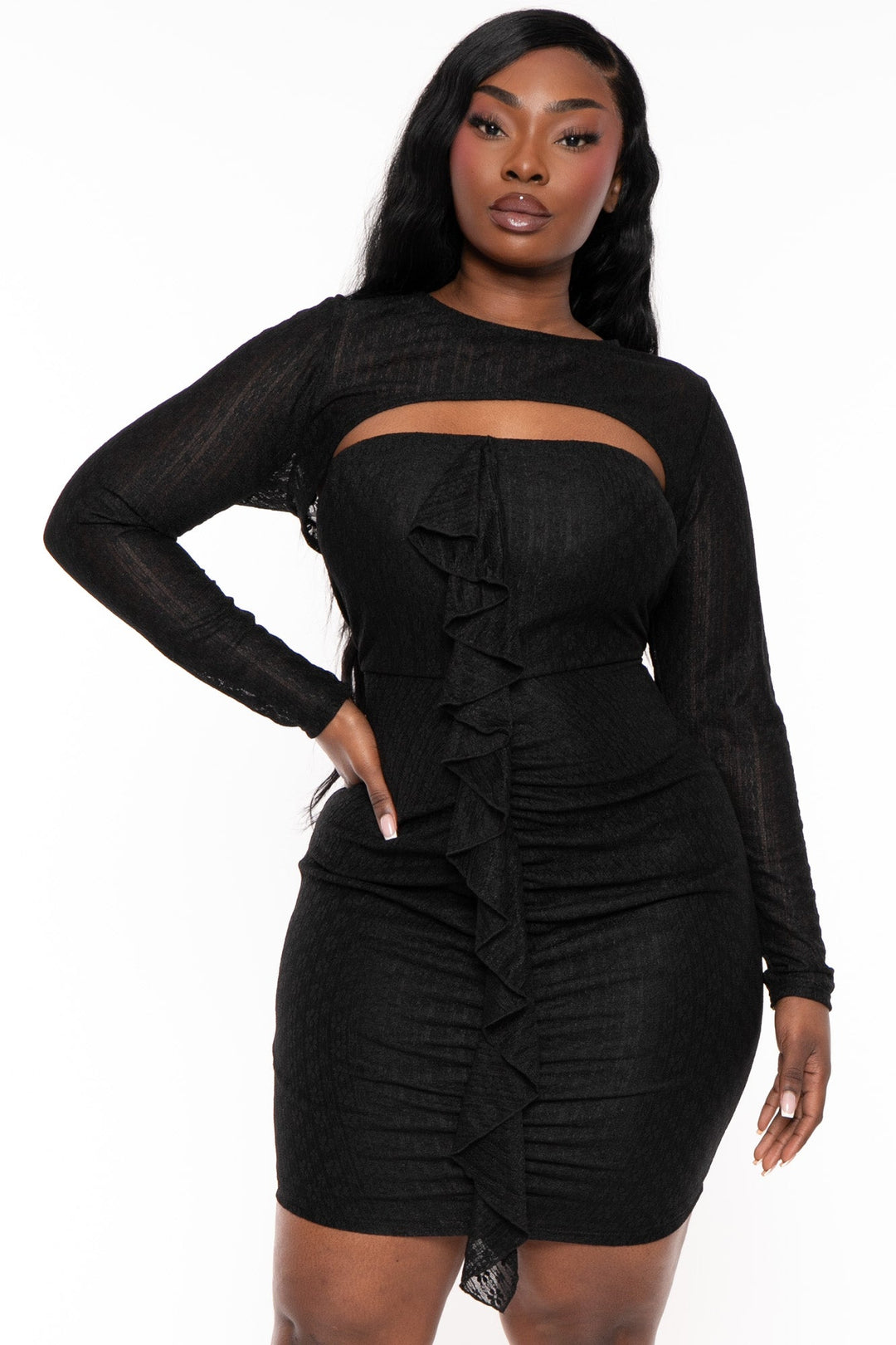 Plus Size Krystal Front Ruffle With Shrug Dress - Black 2X / Black at Curvy Sense Plus Size Krystal Front Ruffle With Shrug Dress - Black 2X / Black at Curvy Sense