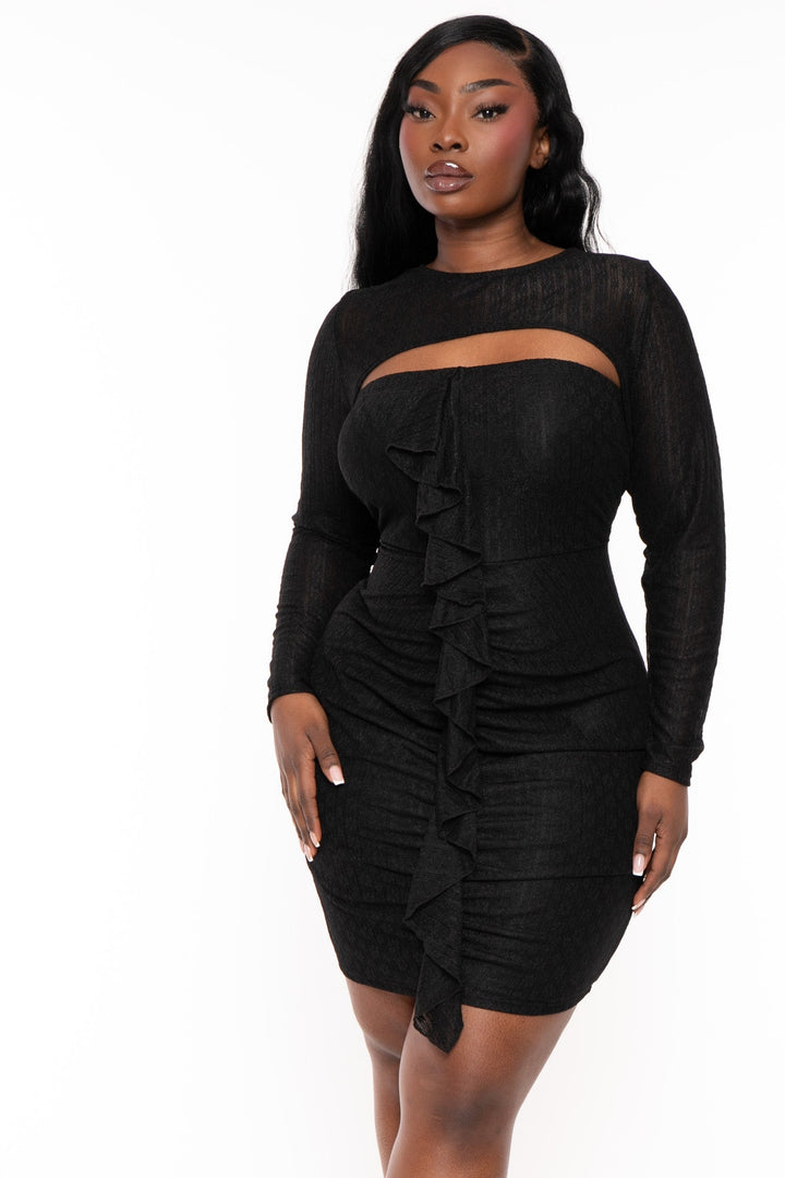 Curvy Sense Dresses Plus Size Krystal Front Ruffle With Shrug  Dress - Black