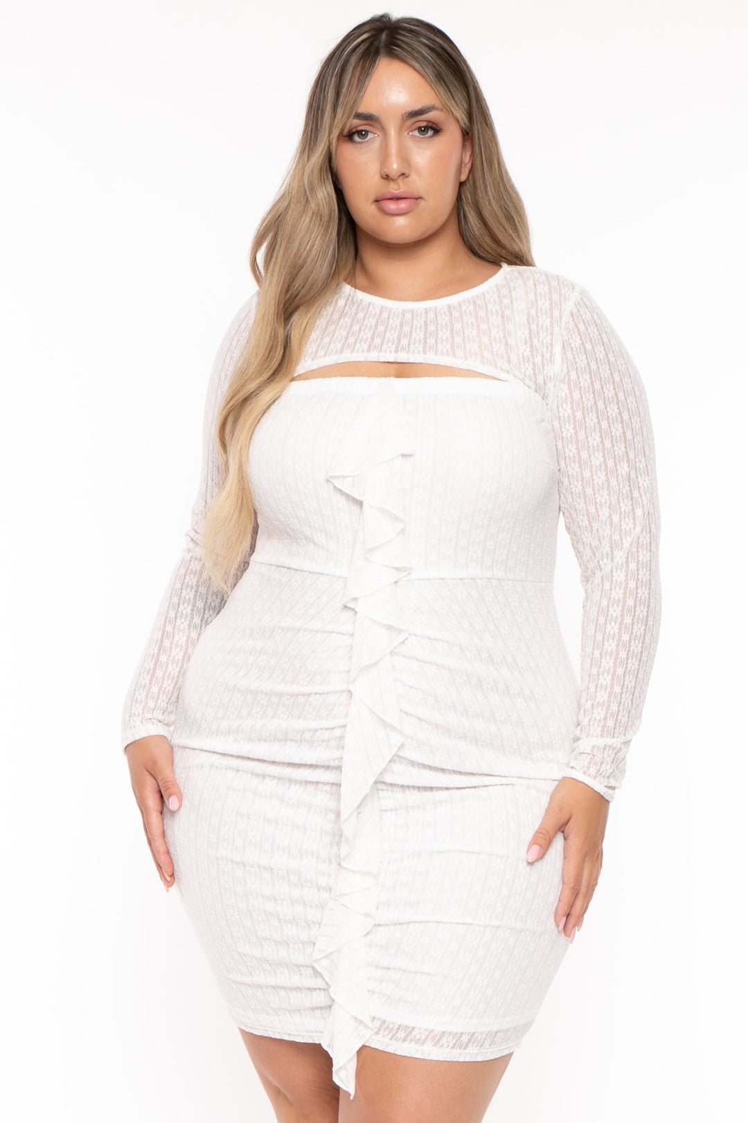 Curvy Sense Dresses Plus Size Krystal Front Ruffle With Shrug  Dress - White