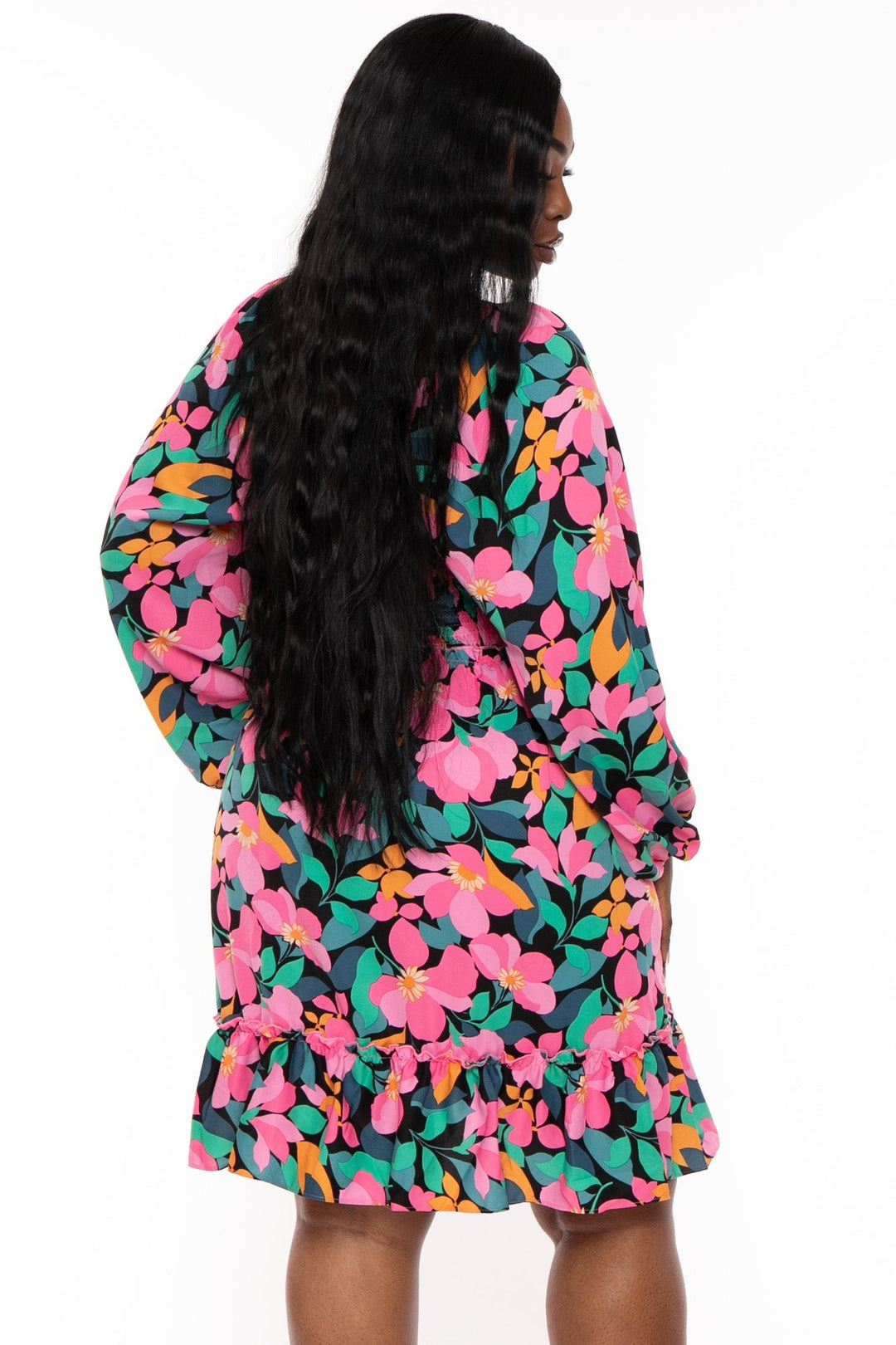 Jade by Jane Dresses Plus Size Laina Floral Smocked Ruffle Dress - Black