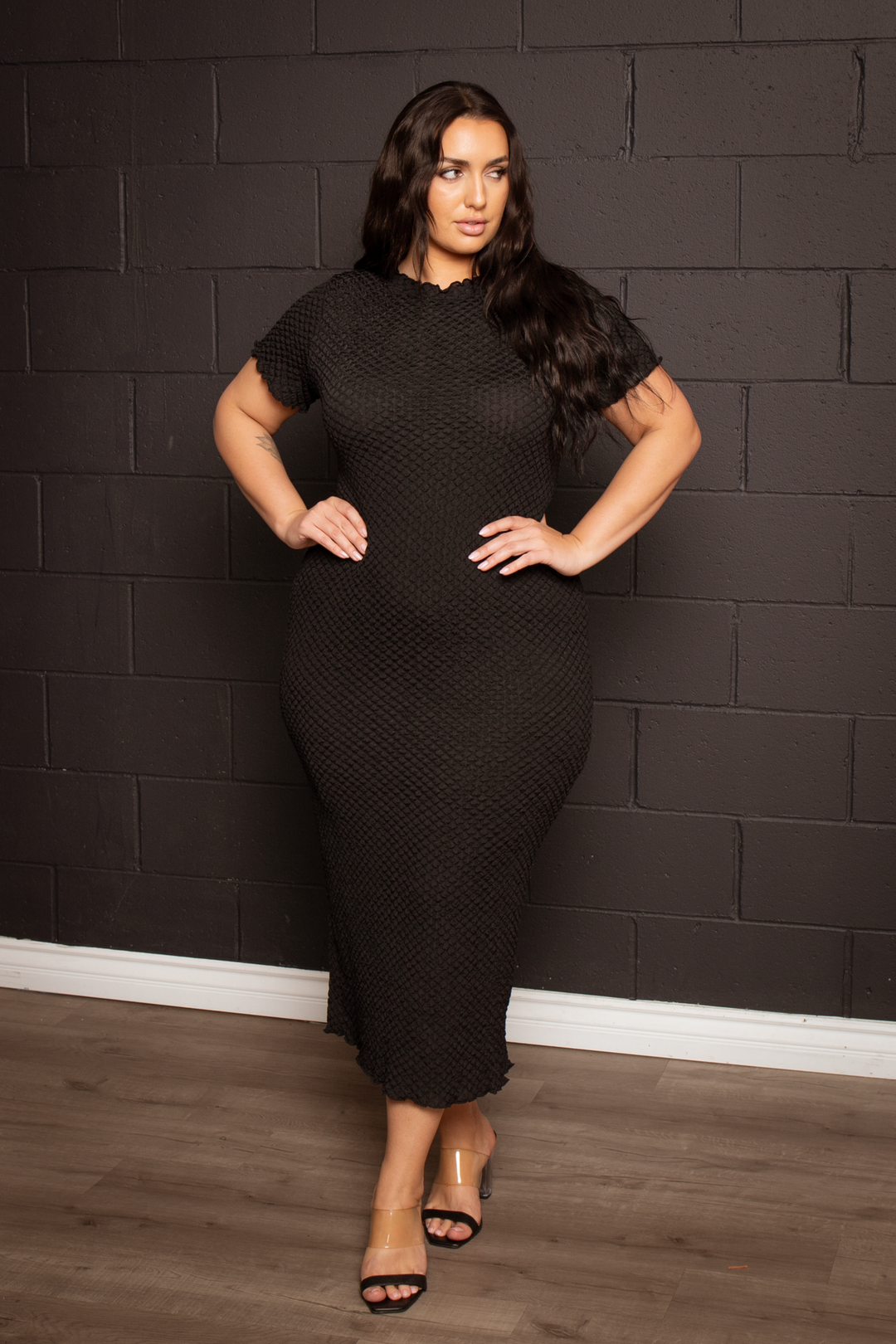 Plus Size Lanie Honeycomb Dress -Black 2X / Black at Curvy Sense Plus Size Lanie Honeycomb Dress -Black 2X / Black at Curvy Sense