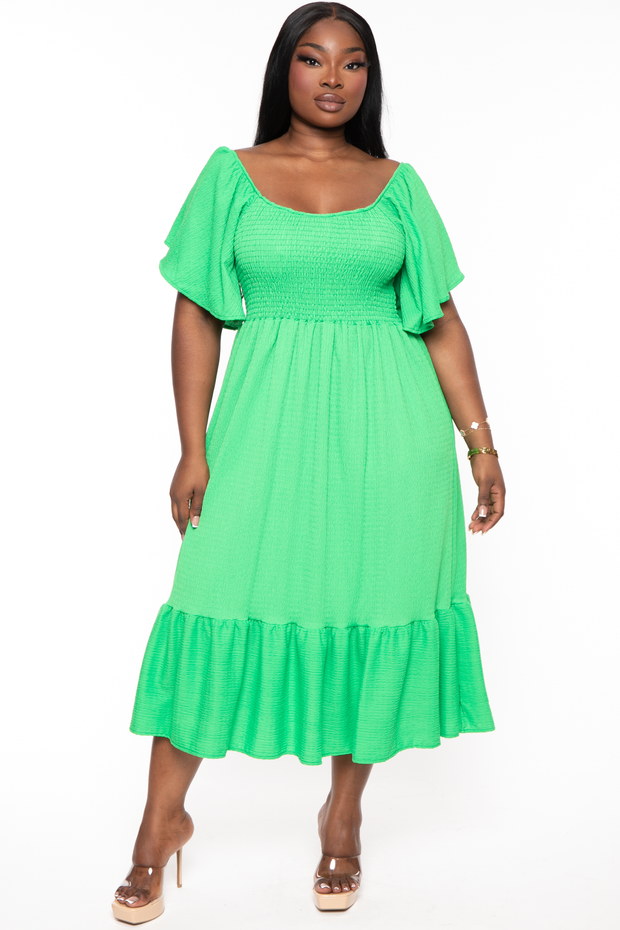 H & H FASHION Dresses 1X / Green Plus Size Lany  Smocked Midi Dress - Green