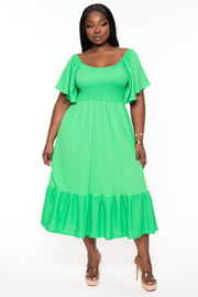 H & H FASHION Dresses Plus Size Lany  Smocked Midi Dress - Green